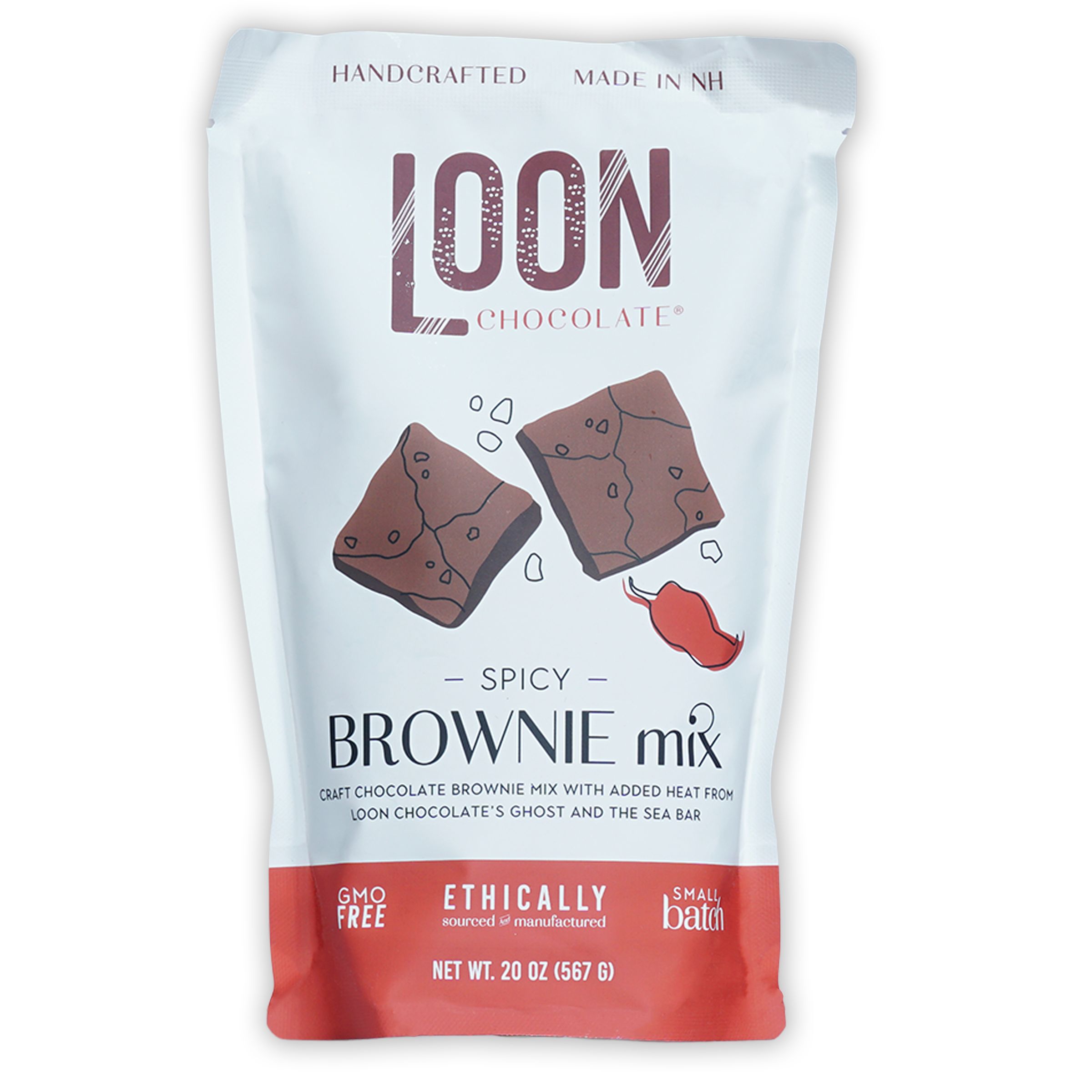 Loon Chocolate Spicy Brownie Mix white red pouch with brownie chili art