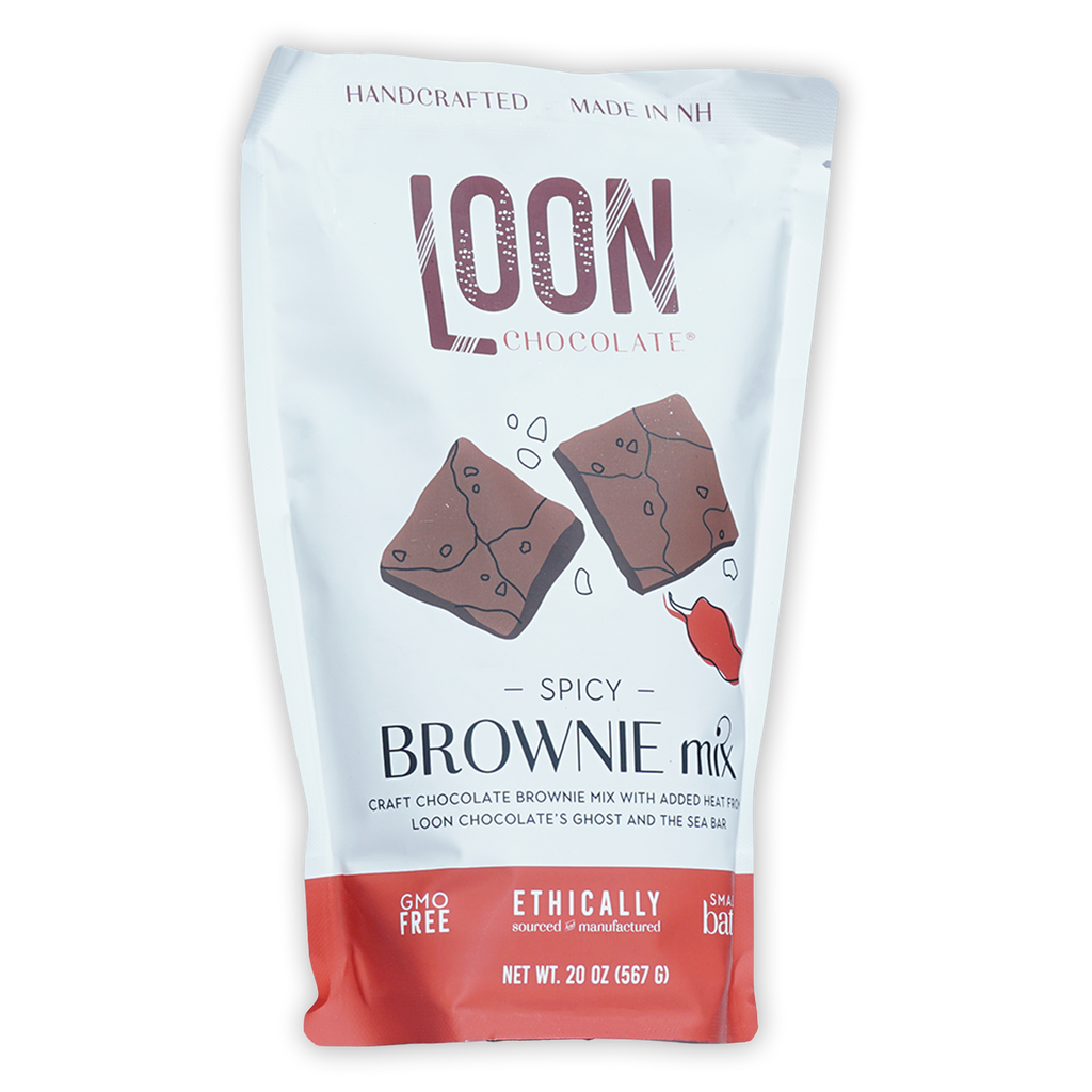 Loon Chocolate Spicy Brownie Mix white red pouch with chili brownie art