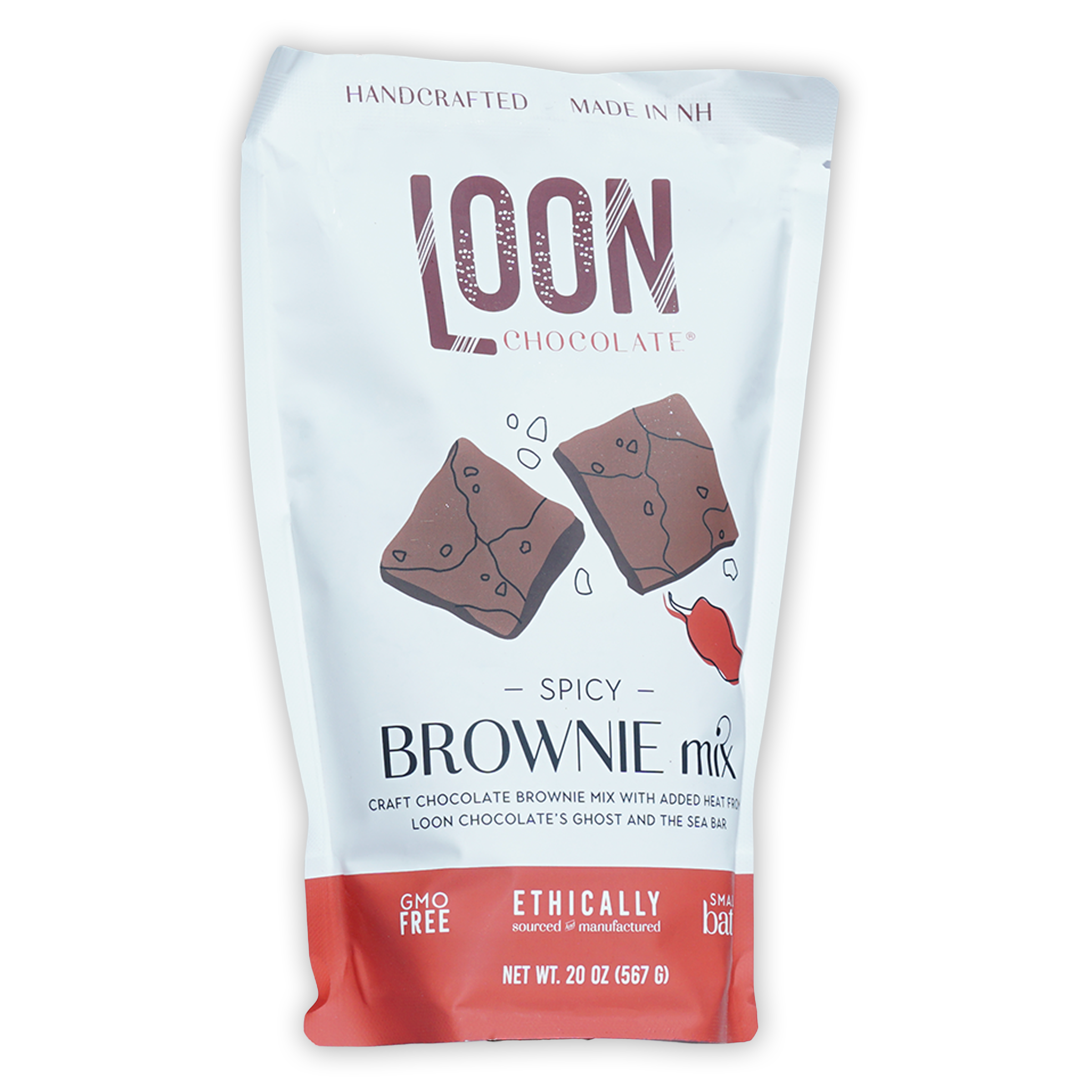 Loon Chocolate Spicy Brownie Mix white red pouch with chili brownie art