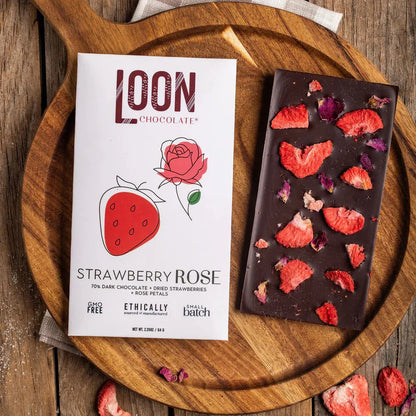 Loon Chocolate Dark w/ Strawberry Rose 70% bar with strawberry slices and rose petals