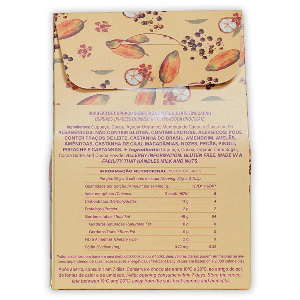 Beige Luisa Abram Dragees wrapper with cocoa pods, flowers, seeds pattern