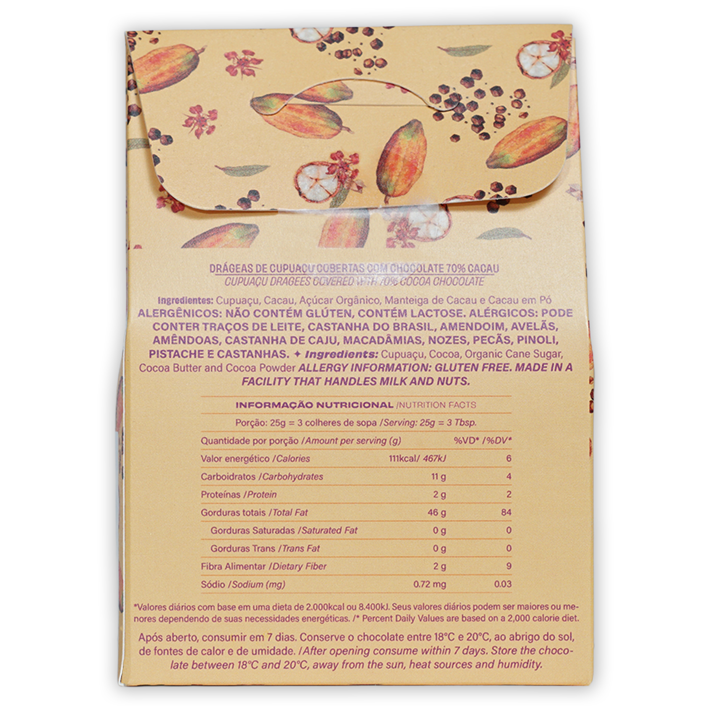 Beige Luisa Abram Dragees wrapper with cocoa pods, flowers, seeds pattern