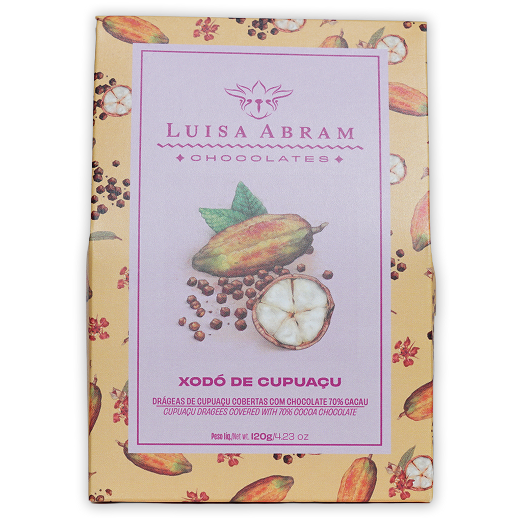 Luisa Abram dragees: dark chocolate-covered cupuaçu fruit 70% in yellow-pink package