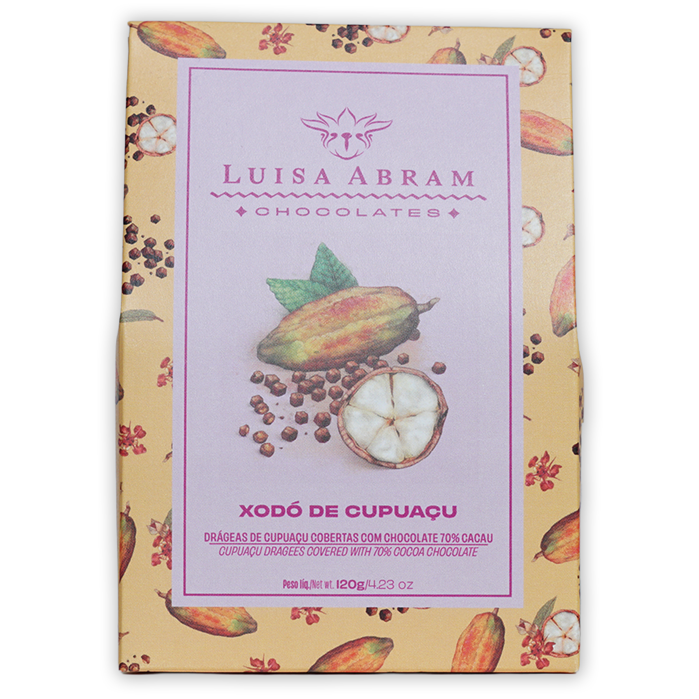 Luisa Abram dragees: dark chocolate-covered cupuaçu fruit 70% in yellow-pink package