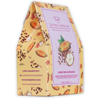 Yellow paper gift box with cocoa pod pattern, pink Luisa Abram label, cupuaçu fruit image