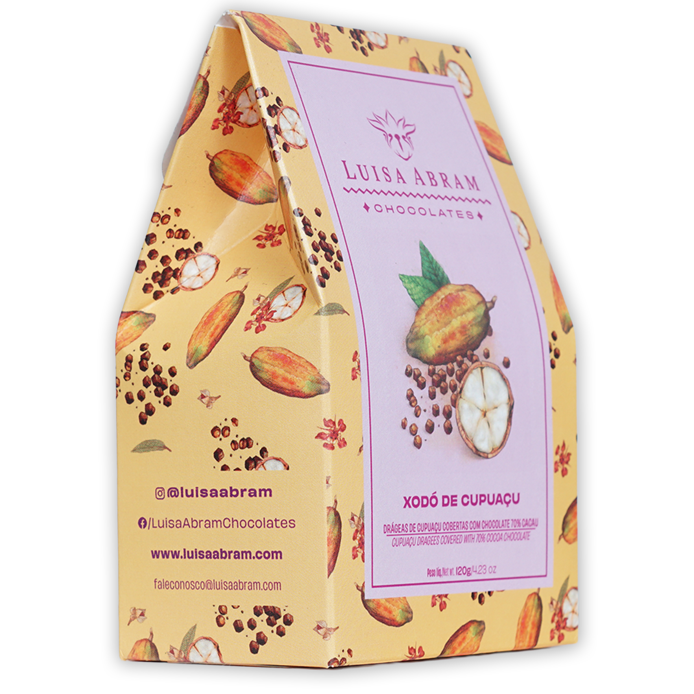 Yellow paper gift box with cocoa pod pattern, pink Luisa Abram label, cupuaçu fruit image