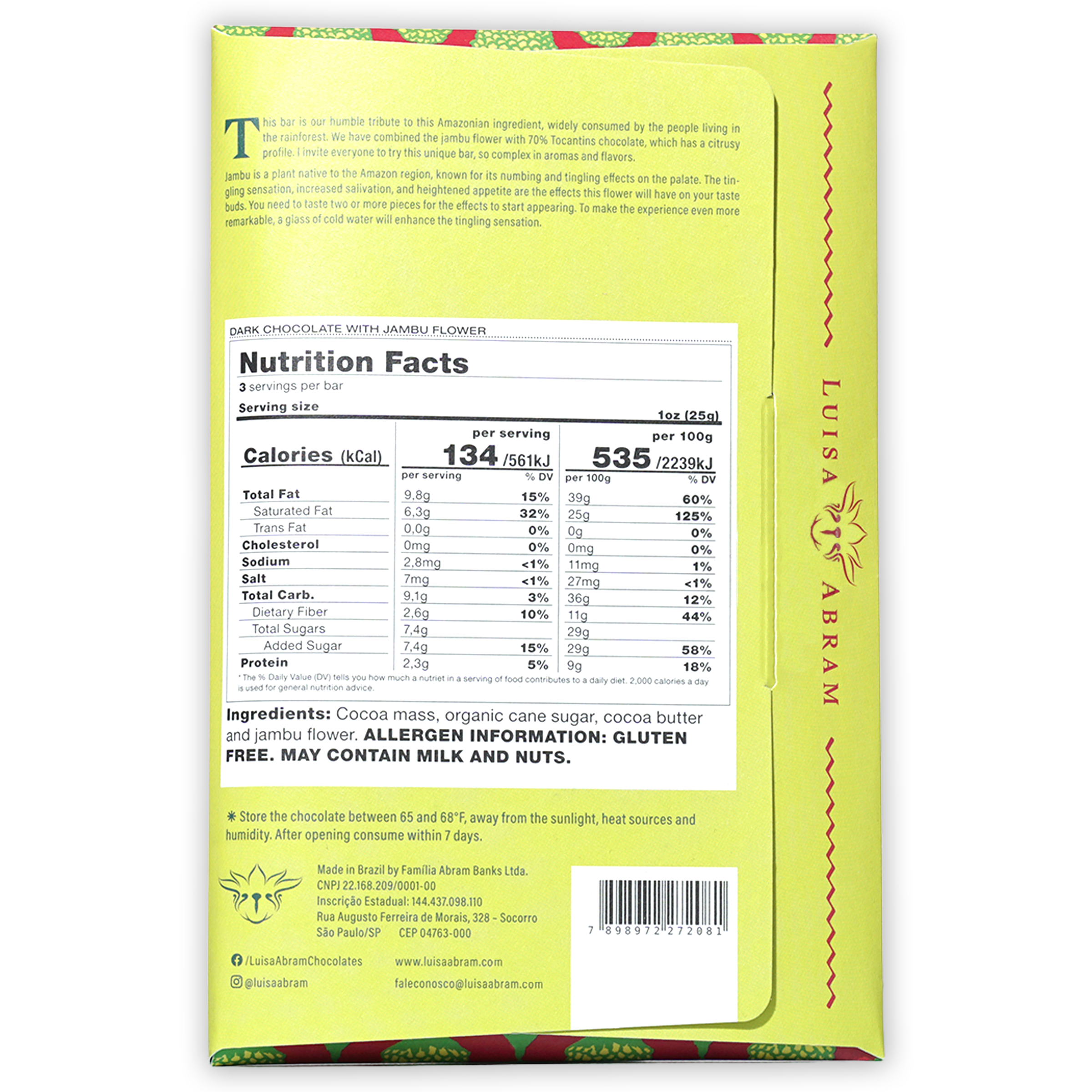 Luisa Abram 70% dark chocolate with jambu flower, lime green wrapper