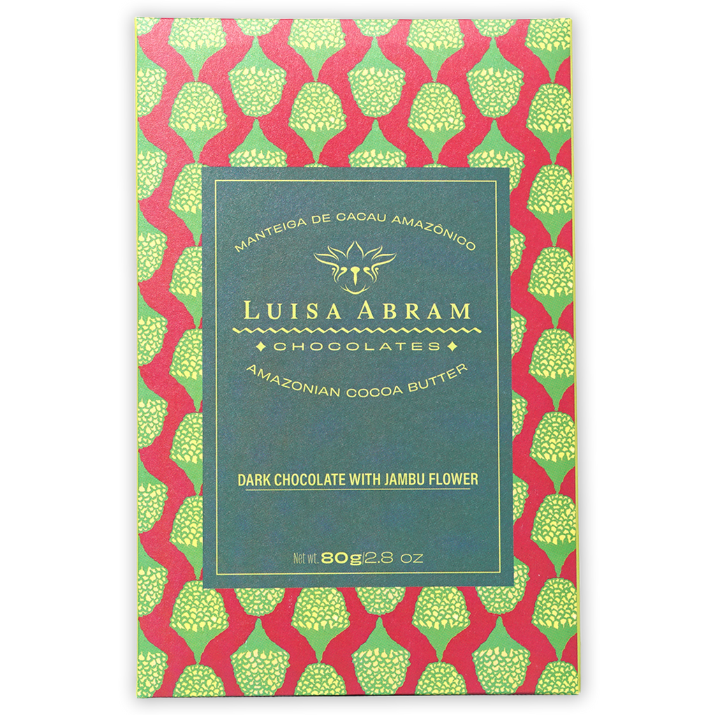 Luisa Abram 70% dark chocolate bar with jambu flower in red green box