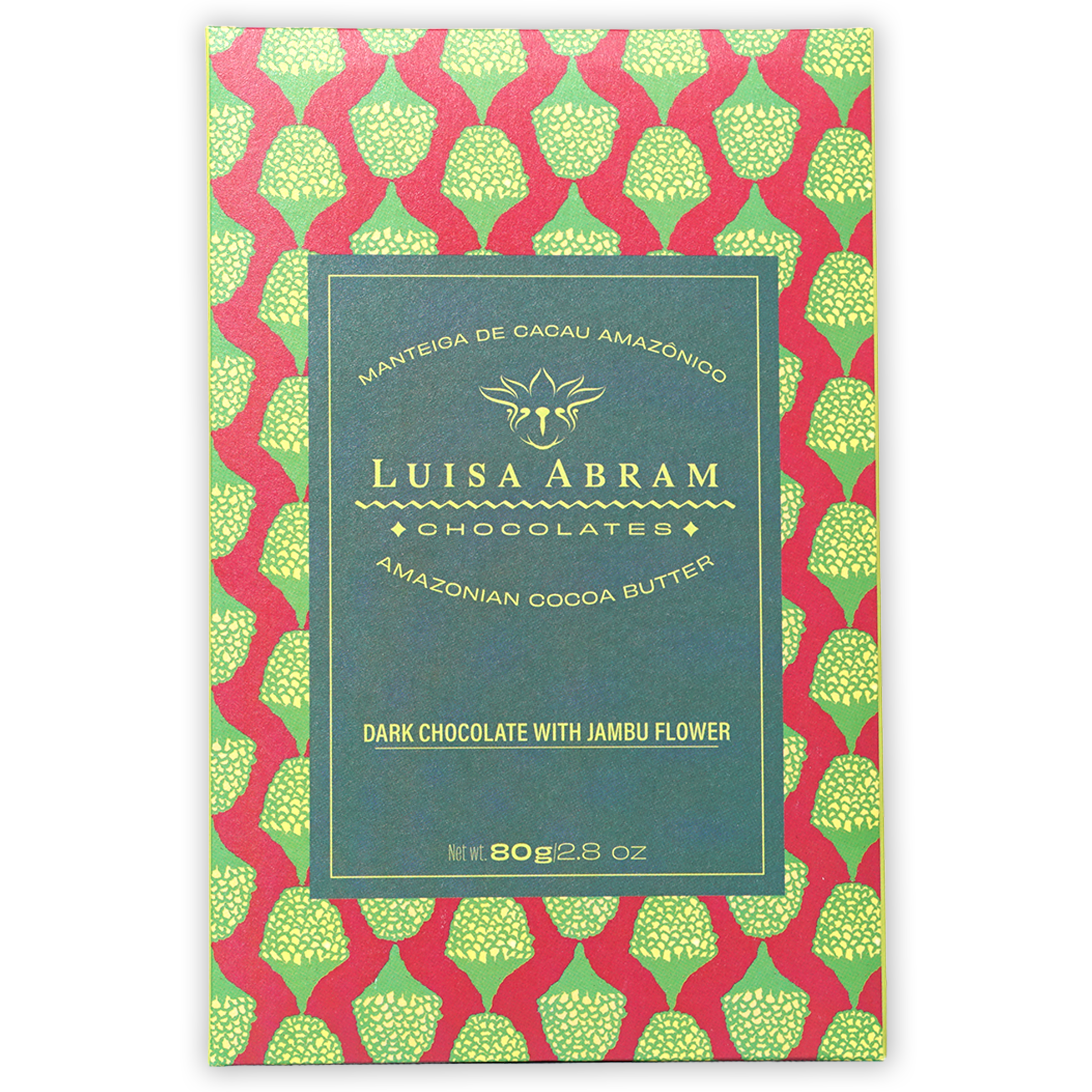 Luisa Abram 70% dark chocolate bar with jambu flower in red green box
