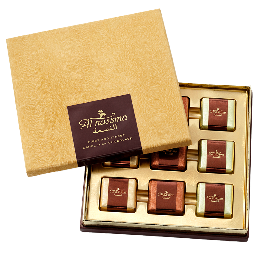 Al Nassma camel milk praline chocolate gift box with 6 gold bars