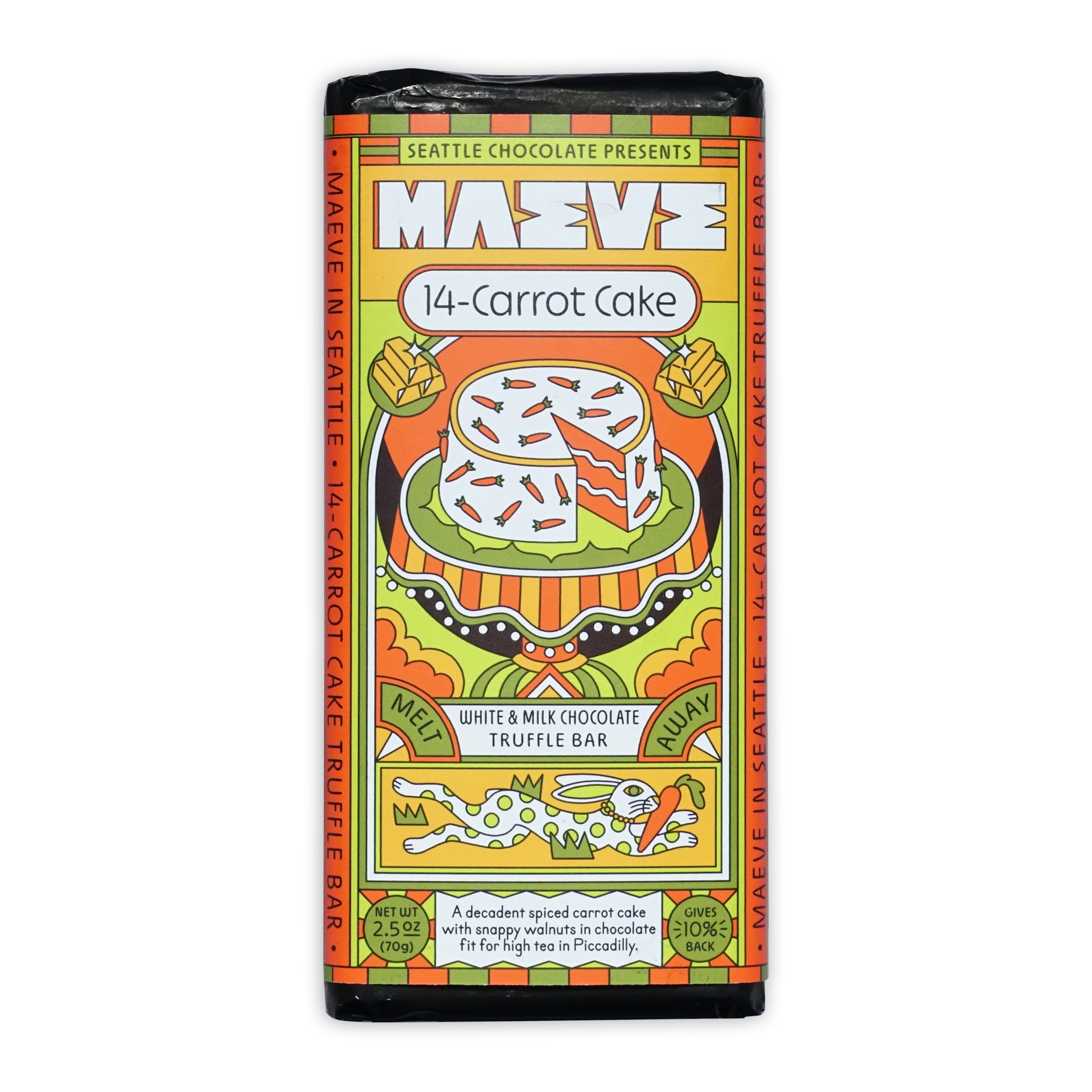 Vibrant Maeve 14-Carrot Cake Truffle Bar wrapper illustration