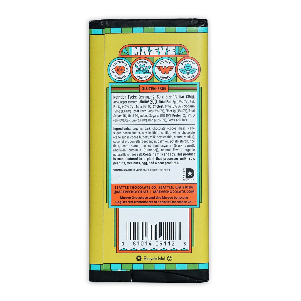 Maeve Block Party Brownie Dark & White Truffle Bar wrapper back with ingredients