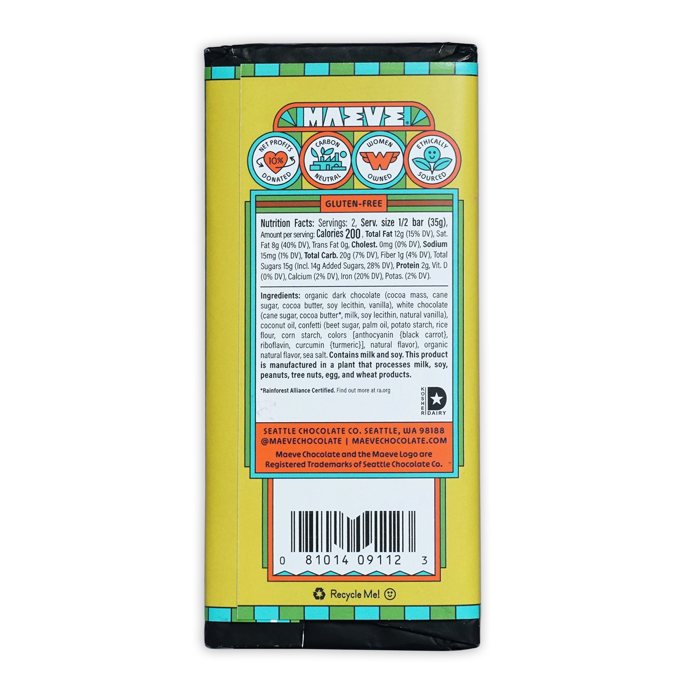 Maeve Block Party Brownie Dark & White Truffle Bar wrapper back with ingredients