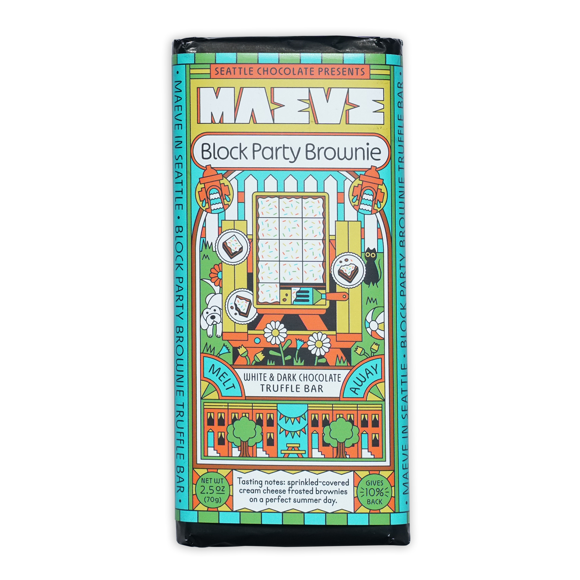 Maeve Block Party Brownie Truffle Bar wrapper illustration