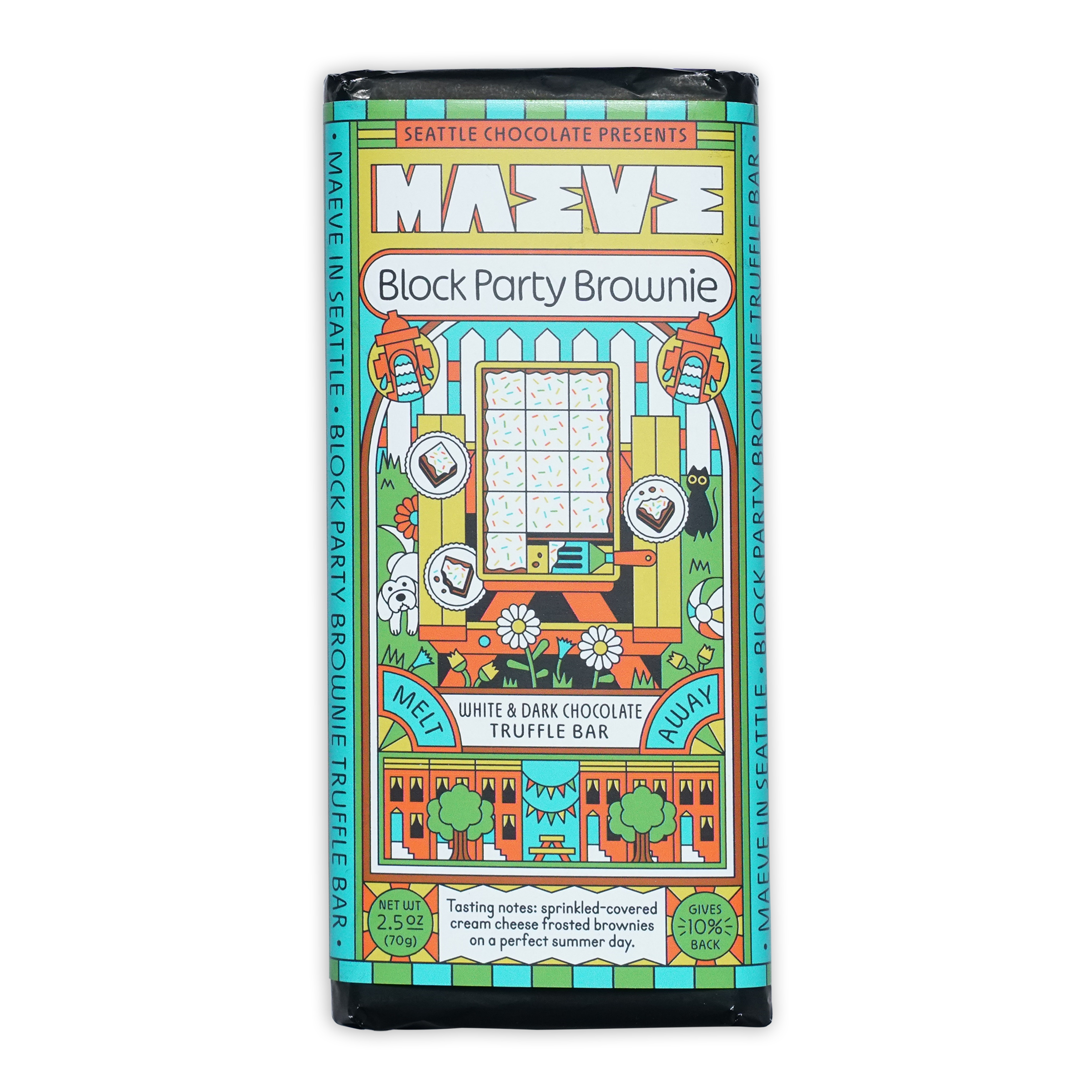 Maeve Block Party Brownie Truffle Bar wrapper illustration