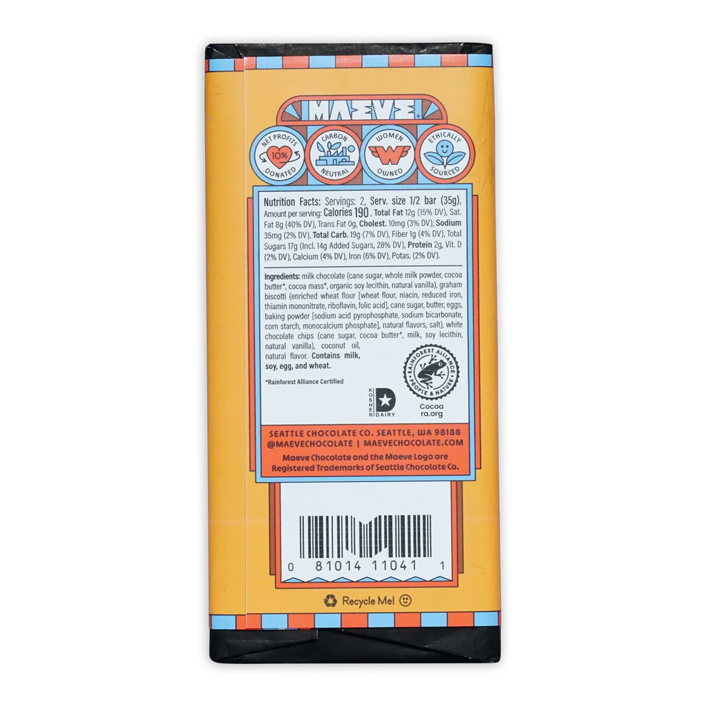 Maeve Cabin S’mores Truffle Bar by Seattle Chocolate Co, orange wrapper