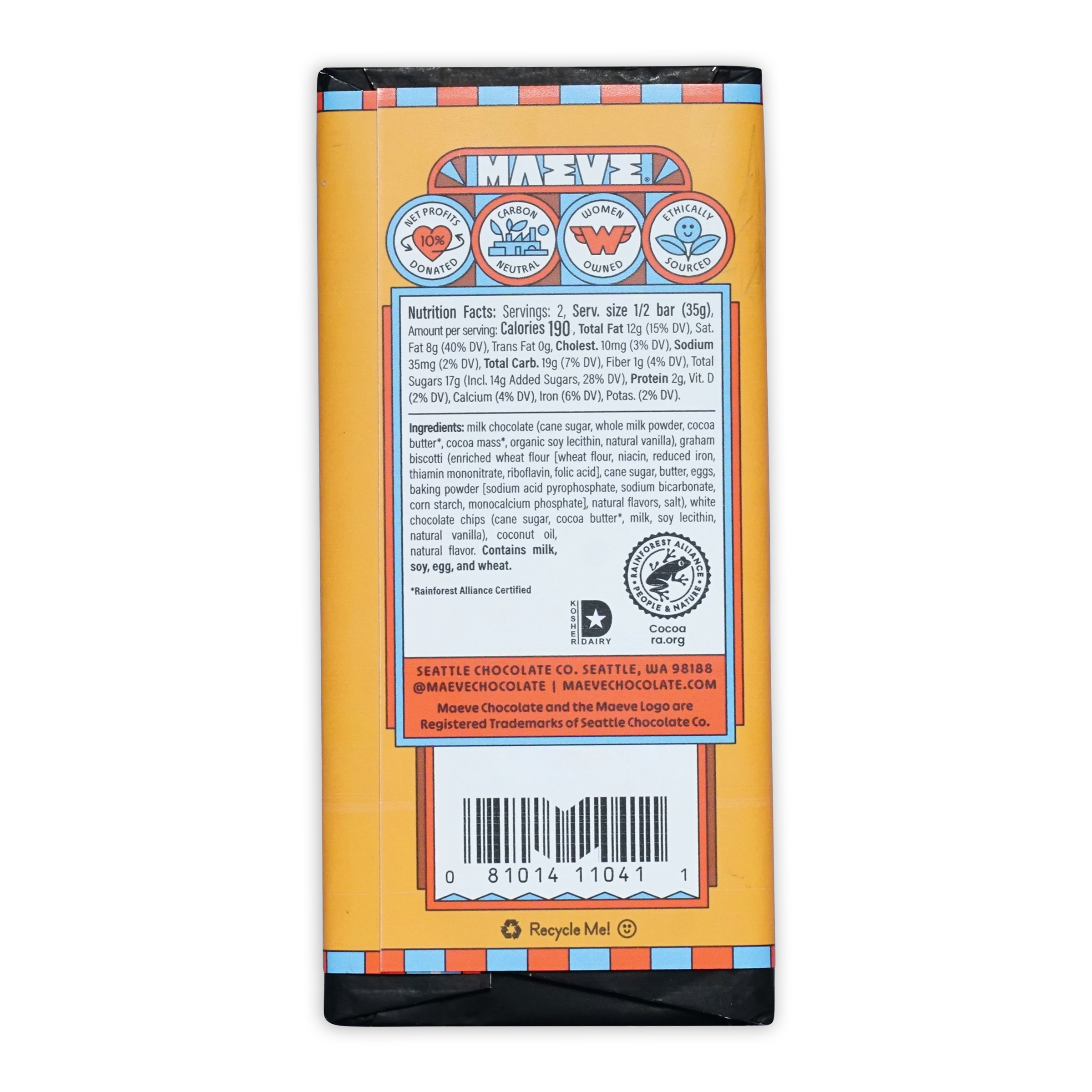 Maeve Cabin S’mores Truffle Bar by Seattle Chocolate Co, orange wrapper