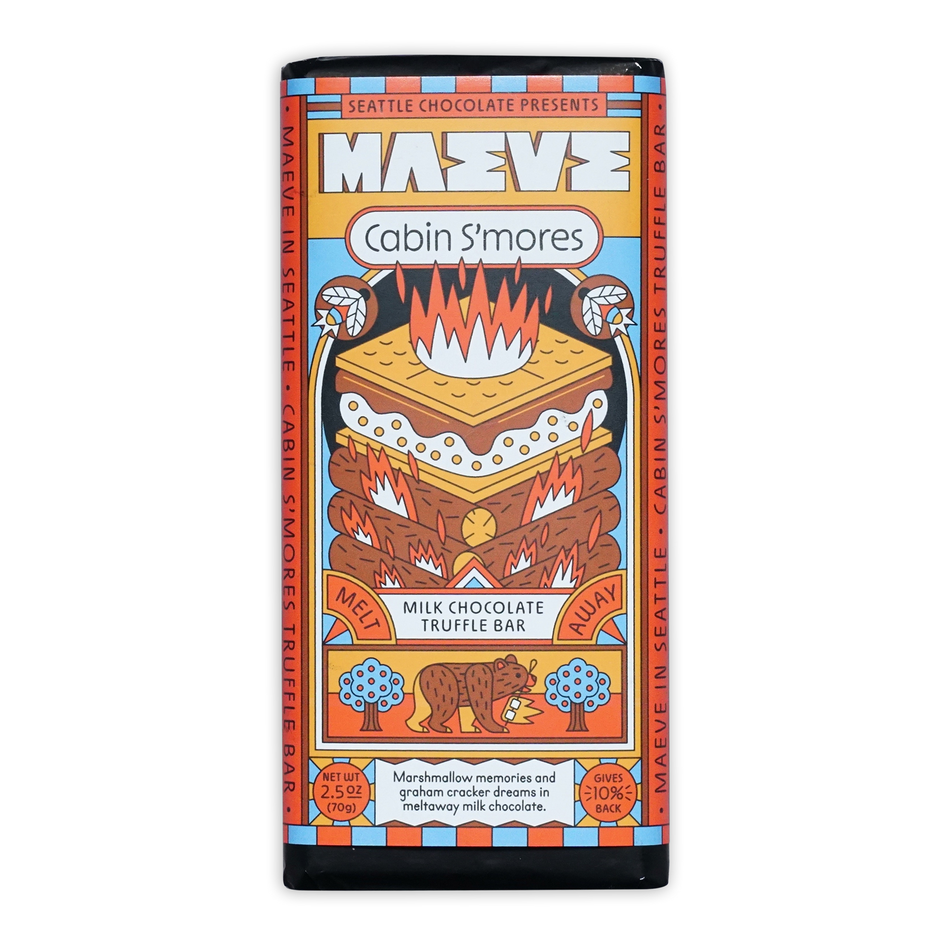 Maeve Cabin S’mores truffle bar with vibrant s’mores packaging