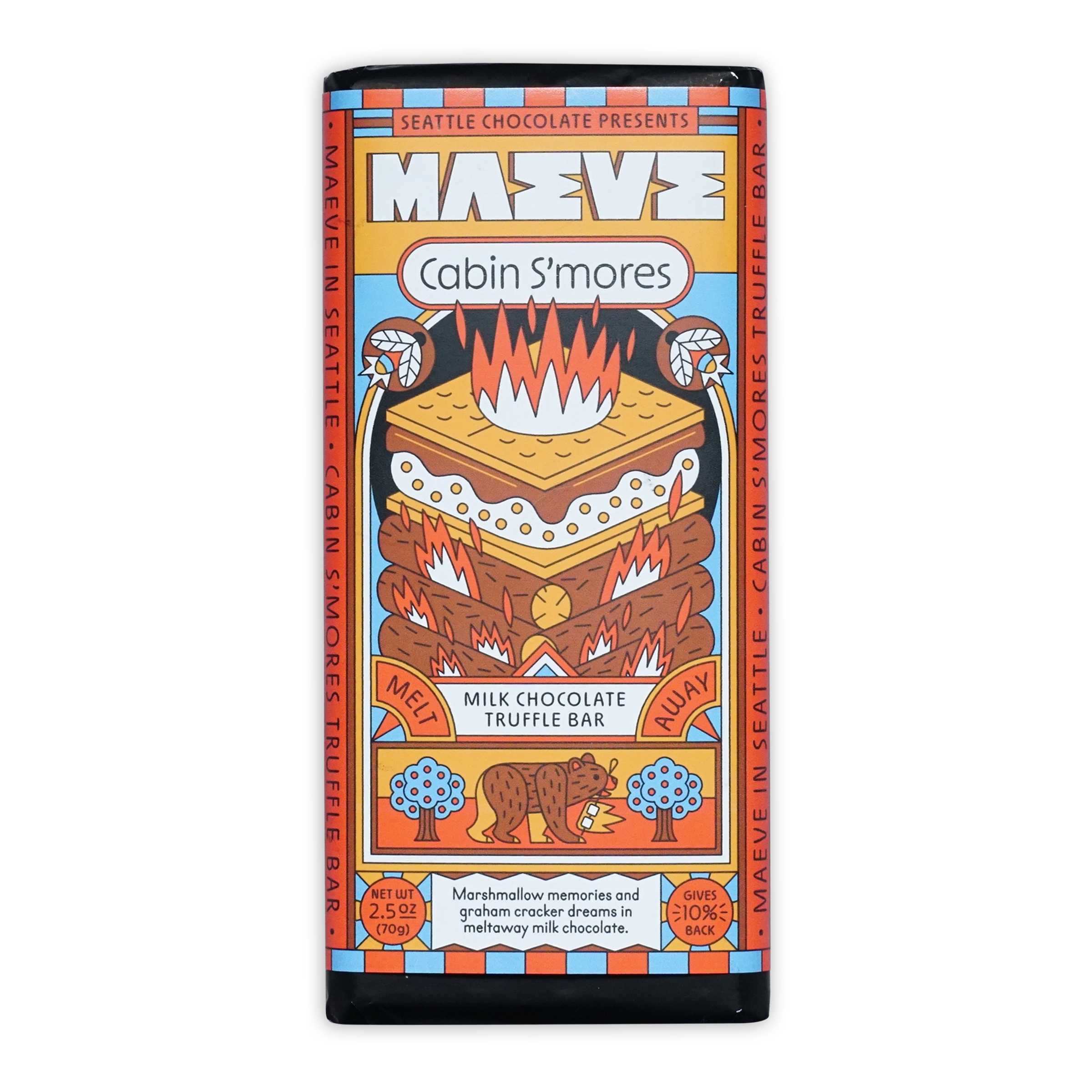 Maeve Cabin S’mores truffle bar with vibrant s’mores packaging