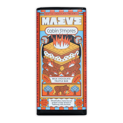 Maeve Cabin S’mores truffle bar with vibrant s’mores packaging
