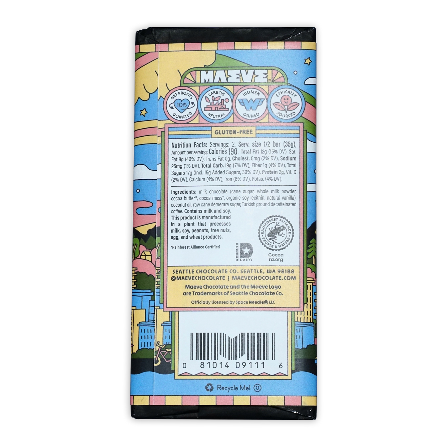 Maeve Cafe Latte Crunch Truffle Bar wrapper with colorful gluten-free cityscape