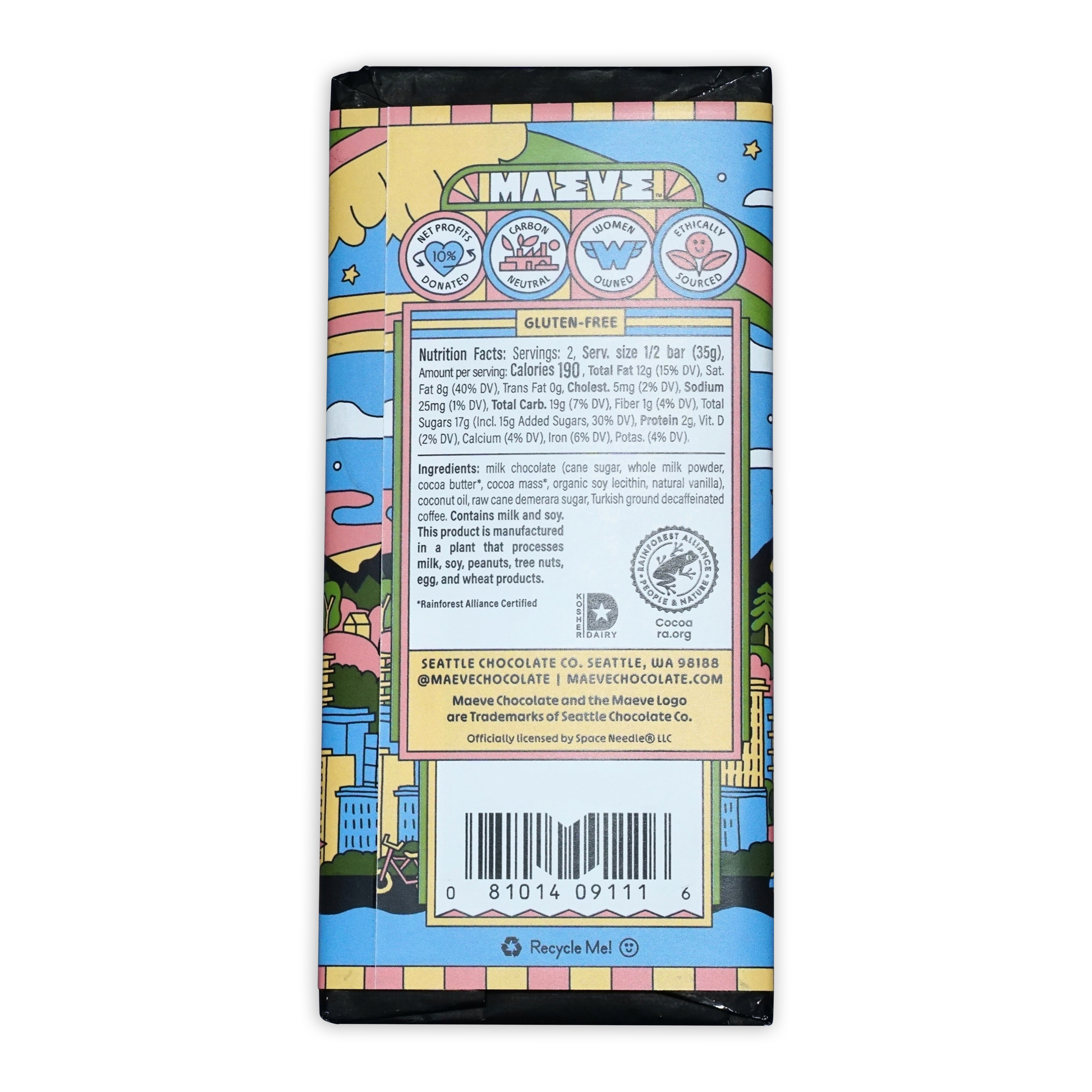 Maeve Cafe Latte Crunch Truffle Bar wrapper with colorful gluten-free cityscape