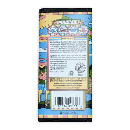 Maeve Cafe Latte Crunch Truffle Bar wrapper with colorful gluten-free cityscape