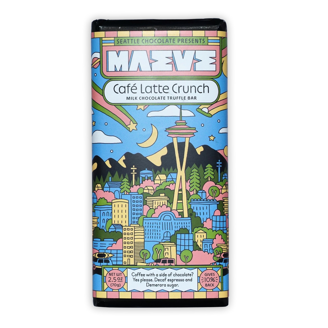 Maeve Cafe Latte Crunch Truffle Bar by Seattle Chocolate, colorful illustrated milk chocolate