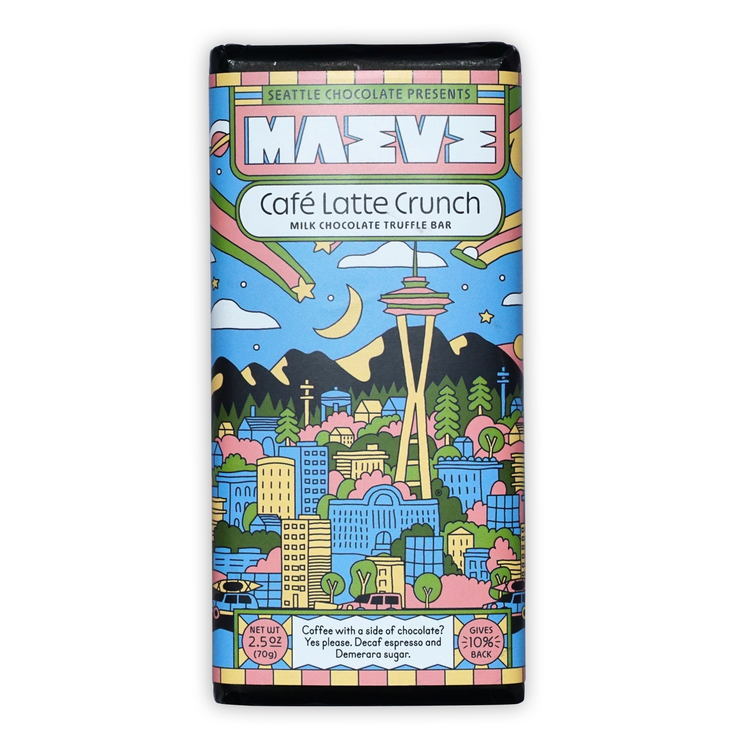 Maeve Cafe Latte Crunch Truffle Bar by Seattle Chocolate, colorful illustrated milk chocolate