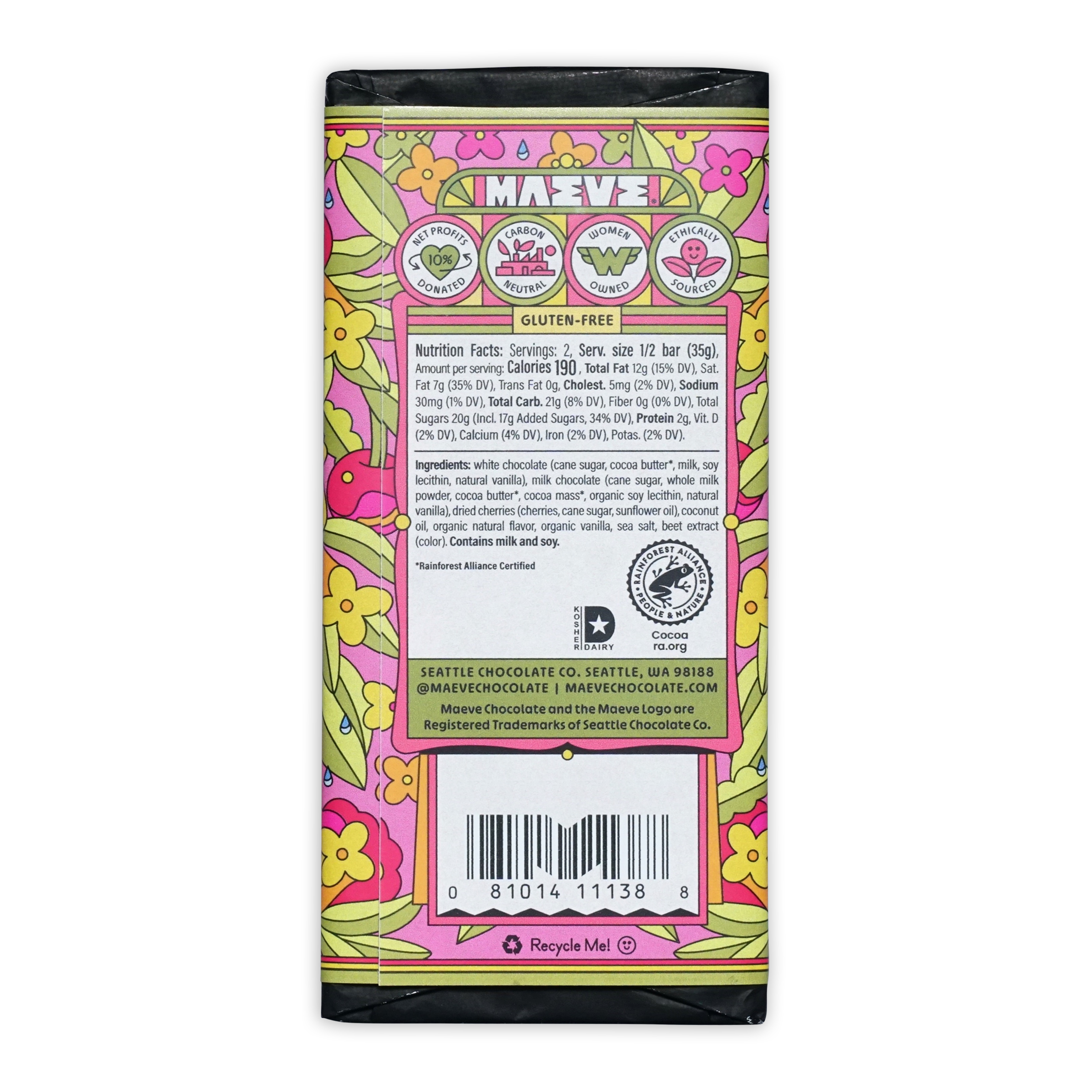 Maeve Cherry Bomb milk and white truffle bar in colorful floral wrapper