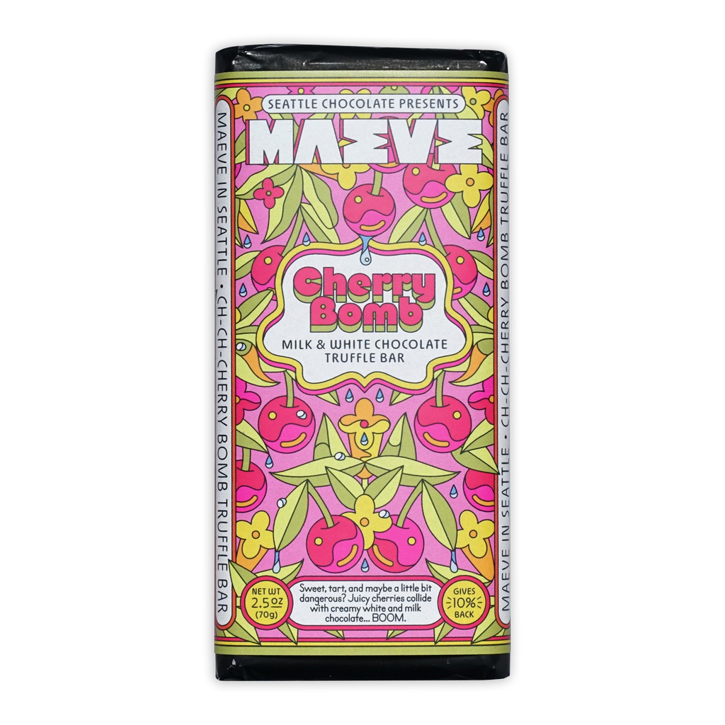 Maeve Cherry Bomb milk and white truffle bar with vibrant pink green cherry design