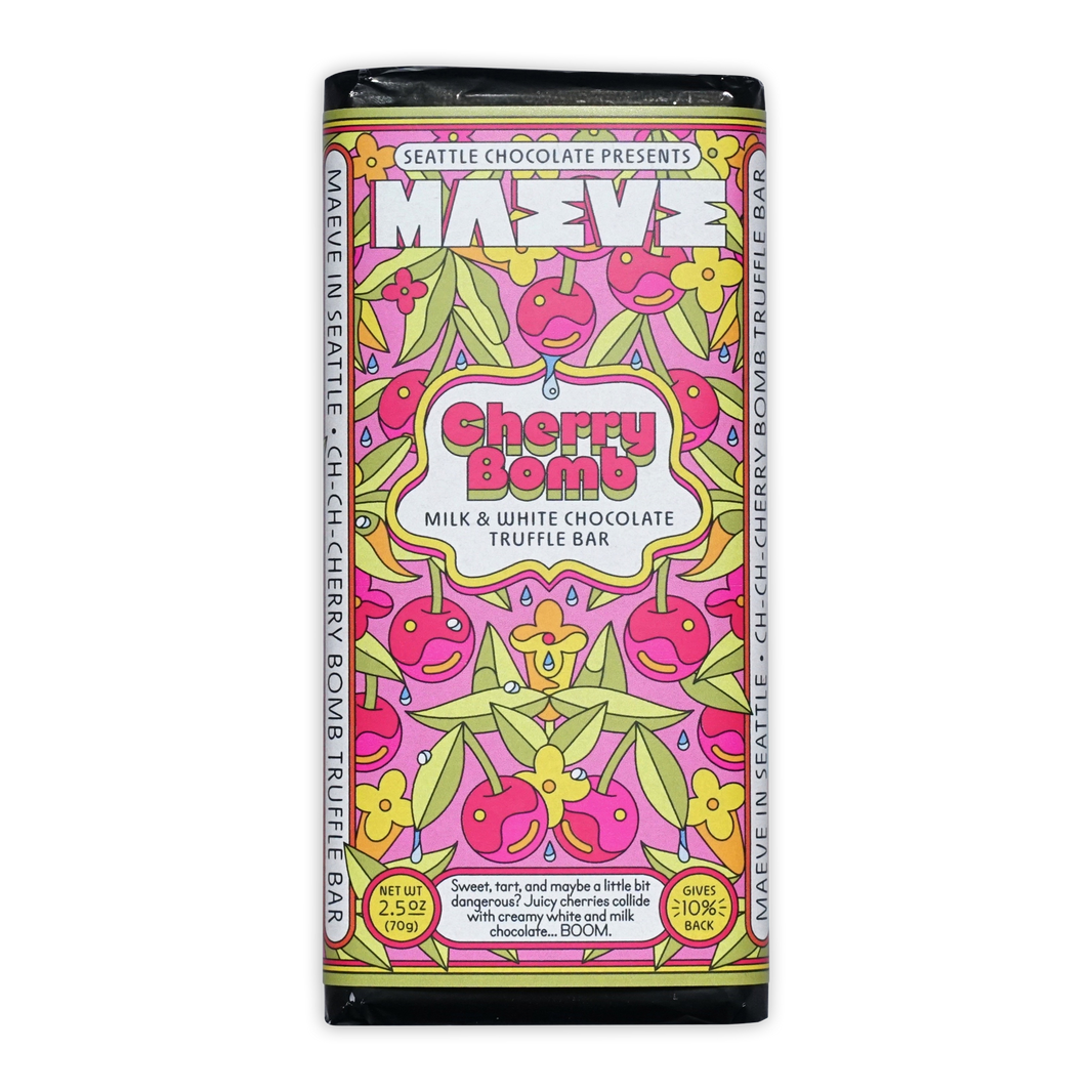 Maeve Cherry Bomb milk and white truffle bar with vibrant pink green cherry design
