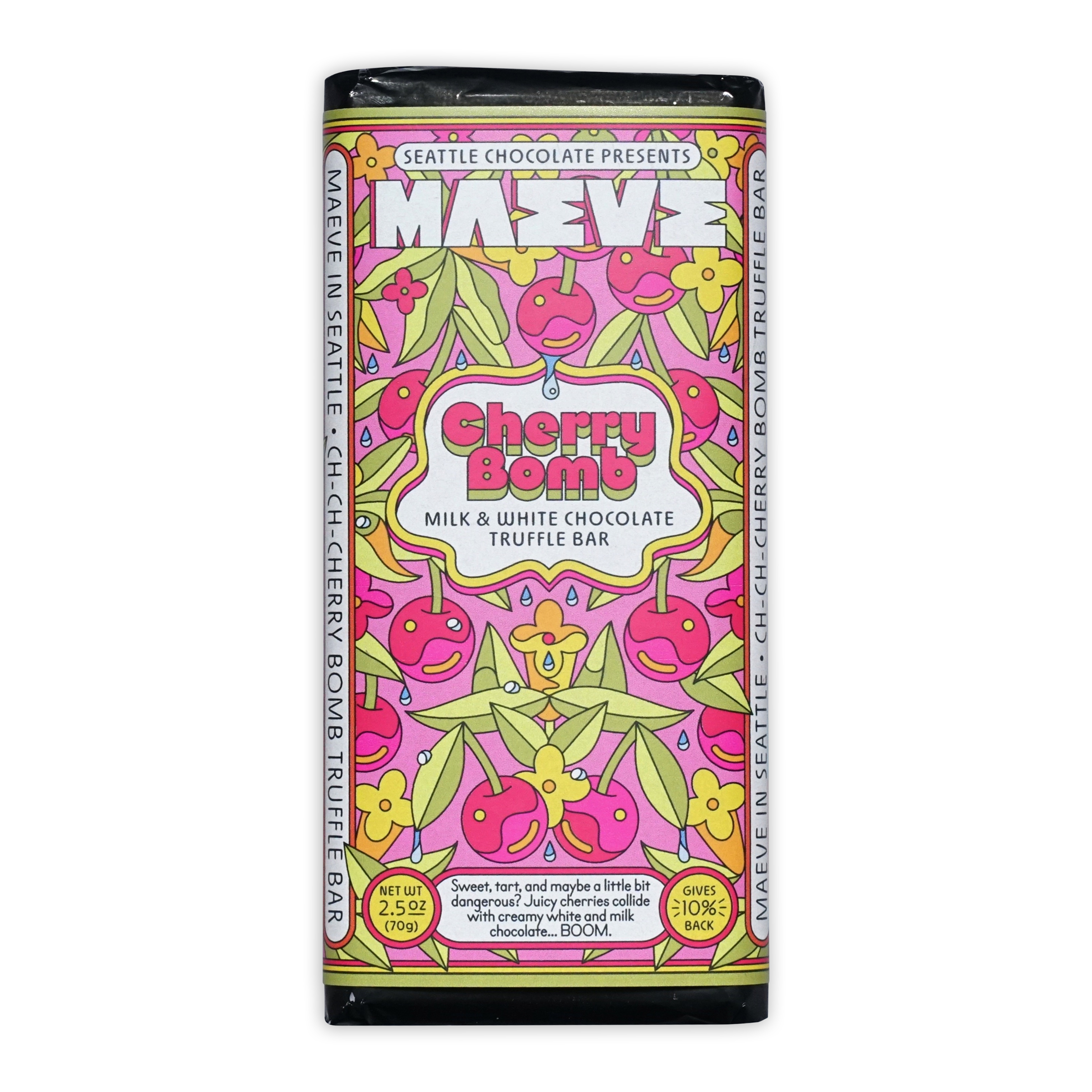 Maeve Cherry Bomb milk and white truffle bar with vibrant pink green cherry design