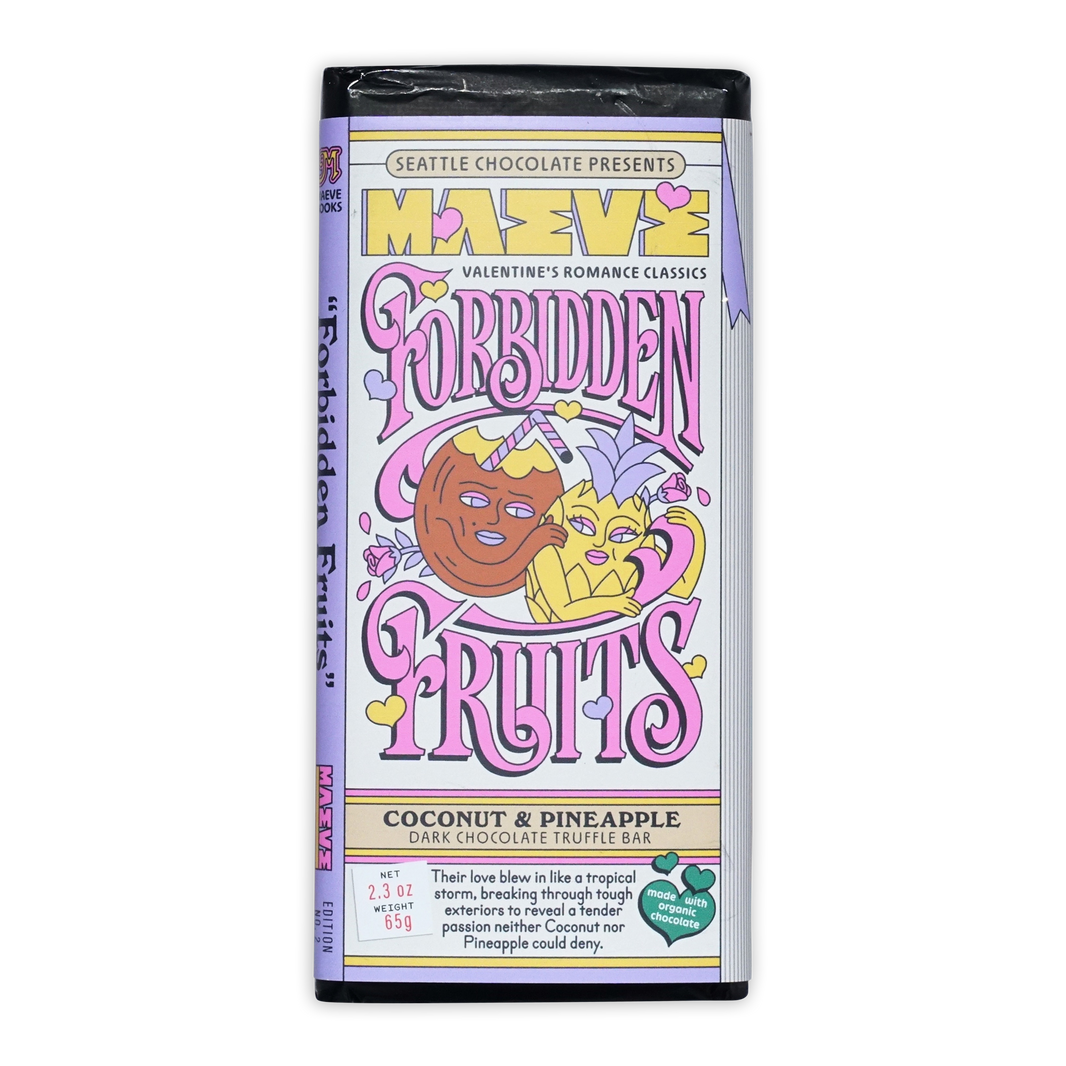 Maeve Forbidden Fruits Truffle Bar wrapper with cartoon fruits