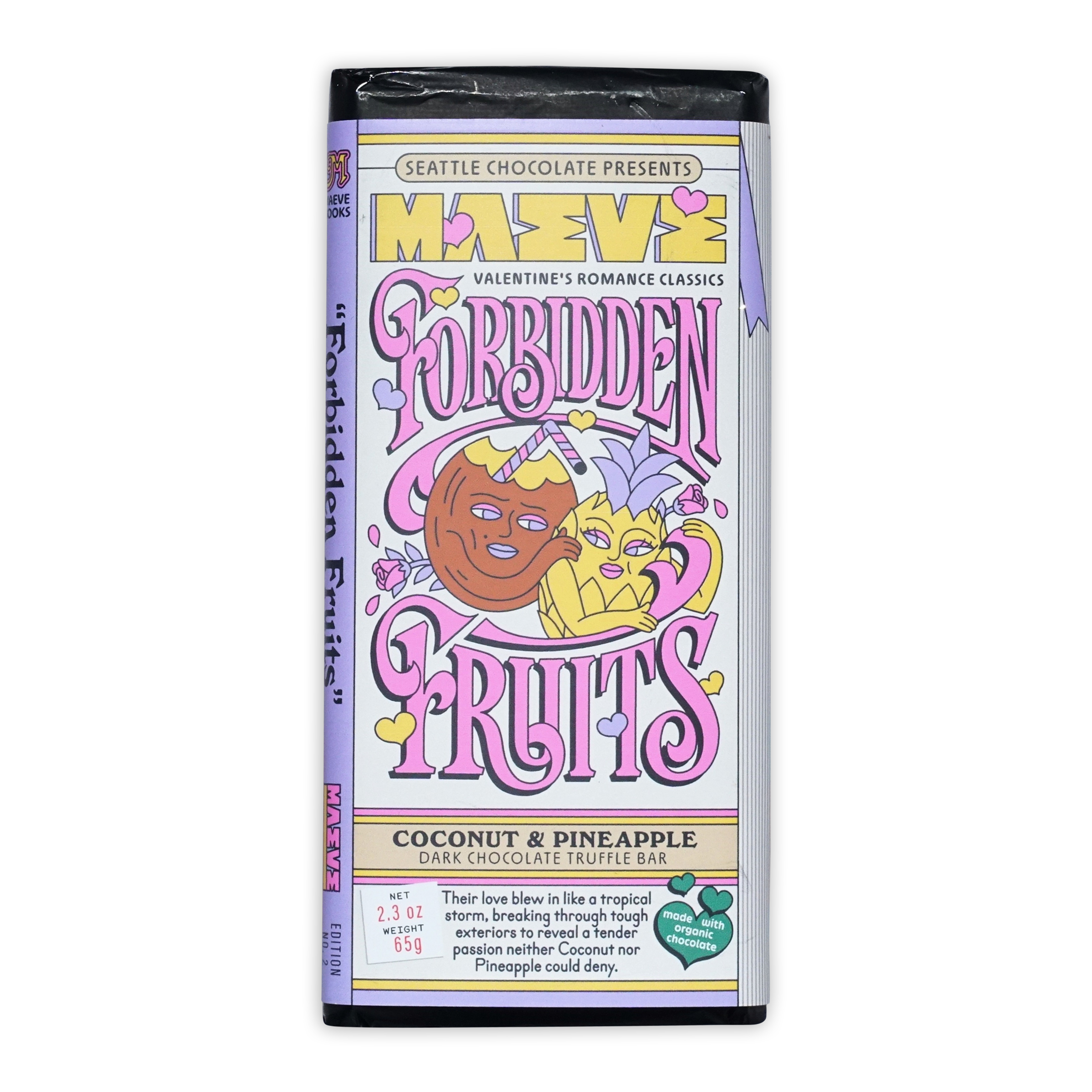 Maeve Forbidden Fruits Truffle Bar wrapper with cartoon fruits