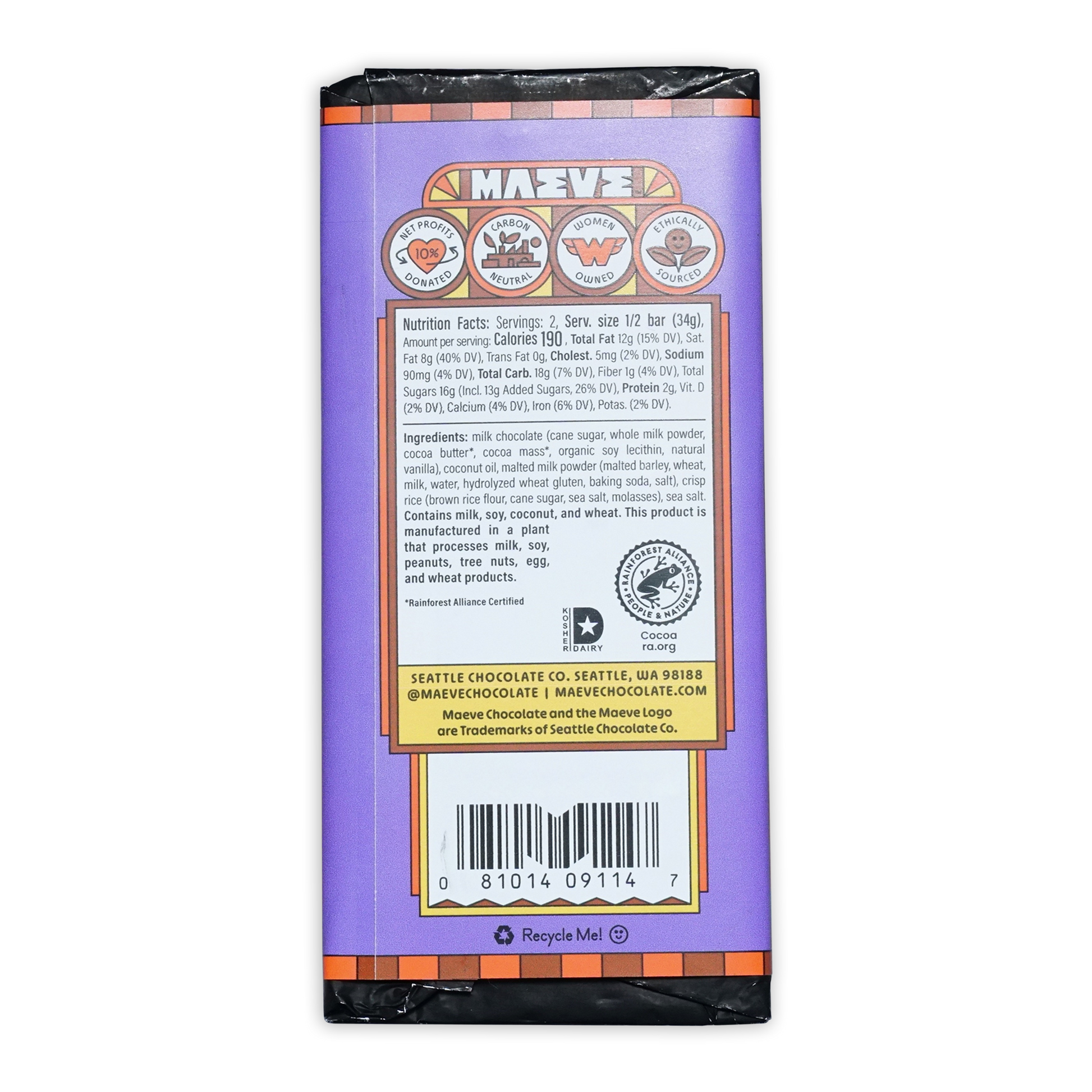 Maeve Matinee Malt Balls Truffle Bar with purple wrapper and orange brown accents