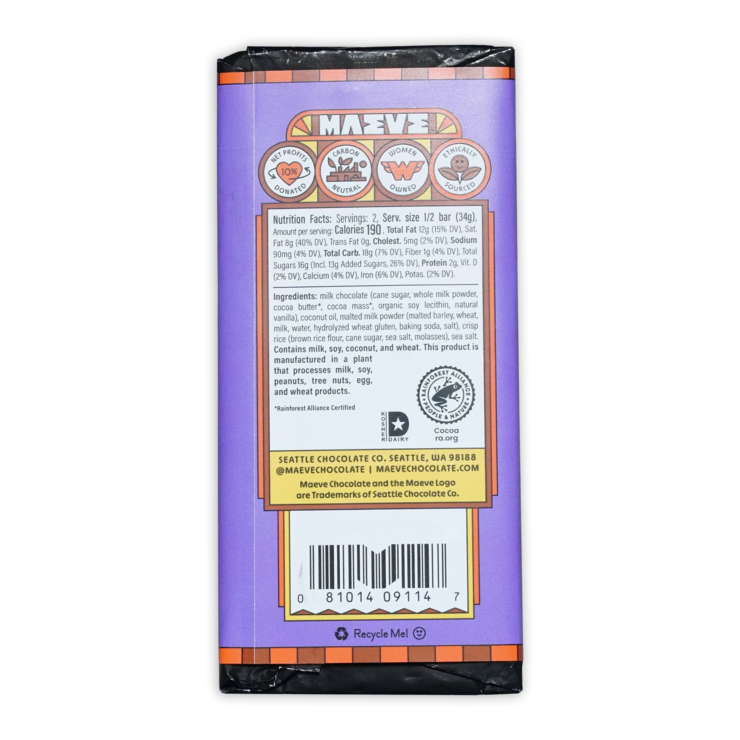 Maeve Matinee Malt Balls Truffle Bar with purple wrapper and orange brown accents