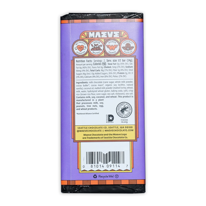 Maeve Matinee Malt Balls Truffle Bar with purple wrapper and orange brown accents
