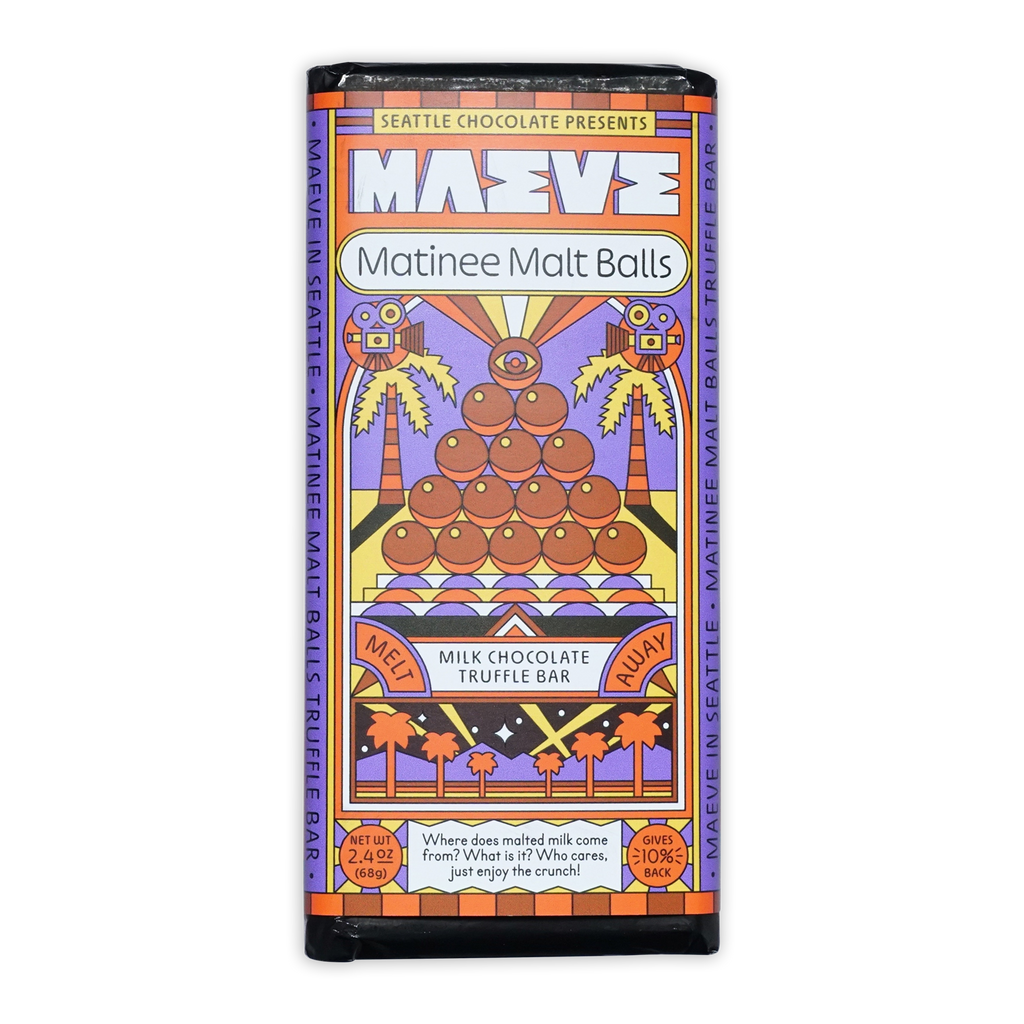 Maeve Matinee Malt Balls Truffle Bar with malt pyramid and palms