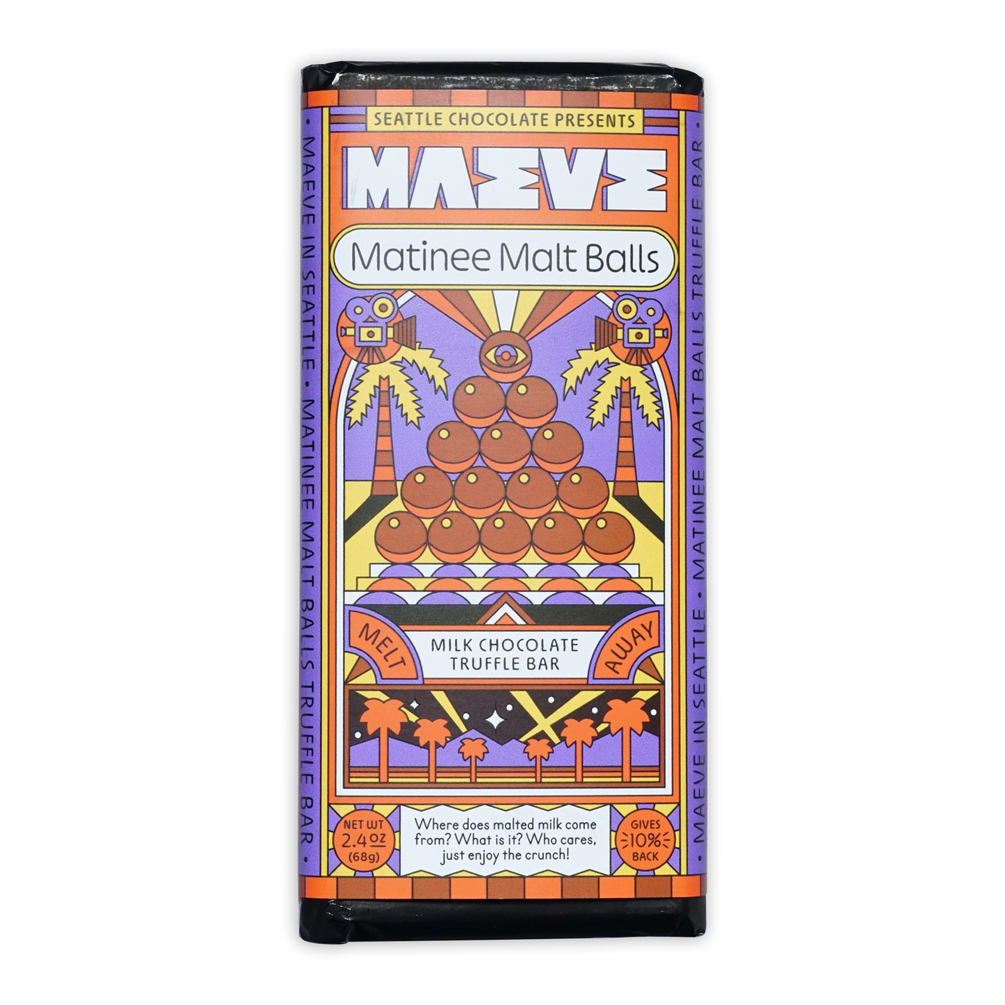 Maeve Matinee Malt Balls Truffle Bar with malt pyramid and palms
