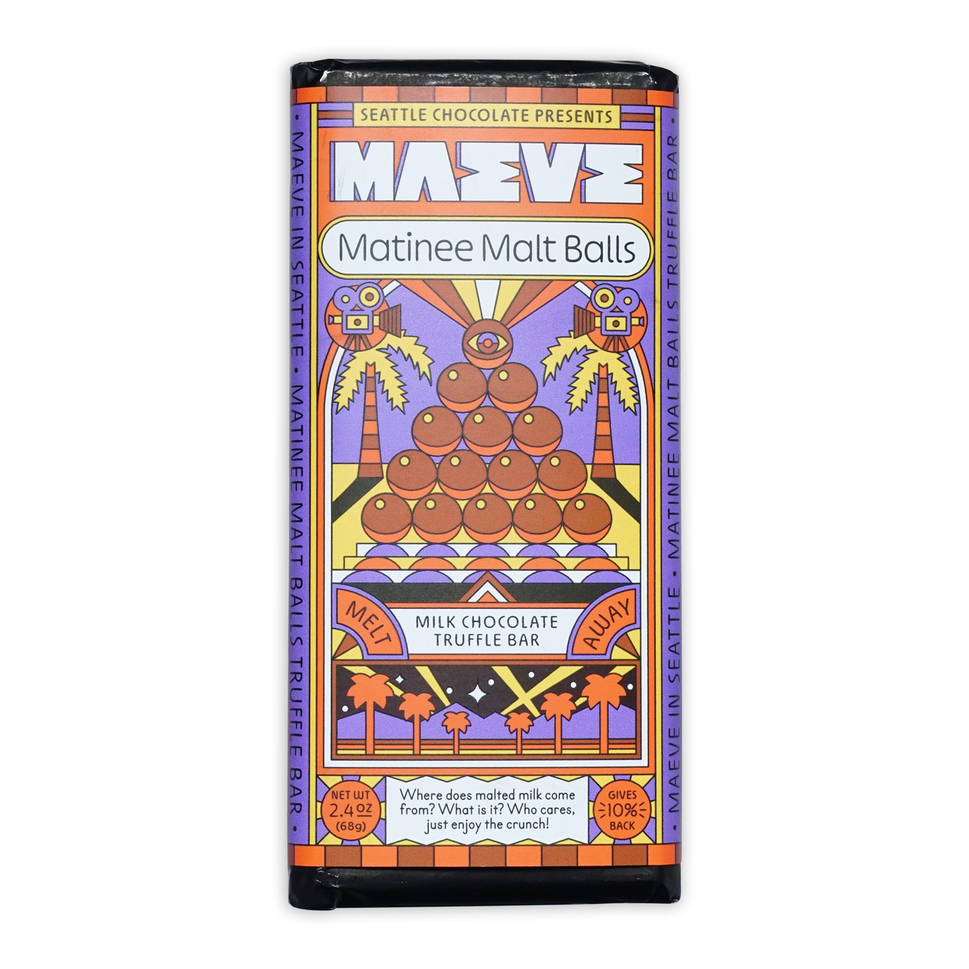 Maeve Matinee Malt Balls Truffle Bar with malt pyramid and palms