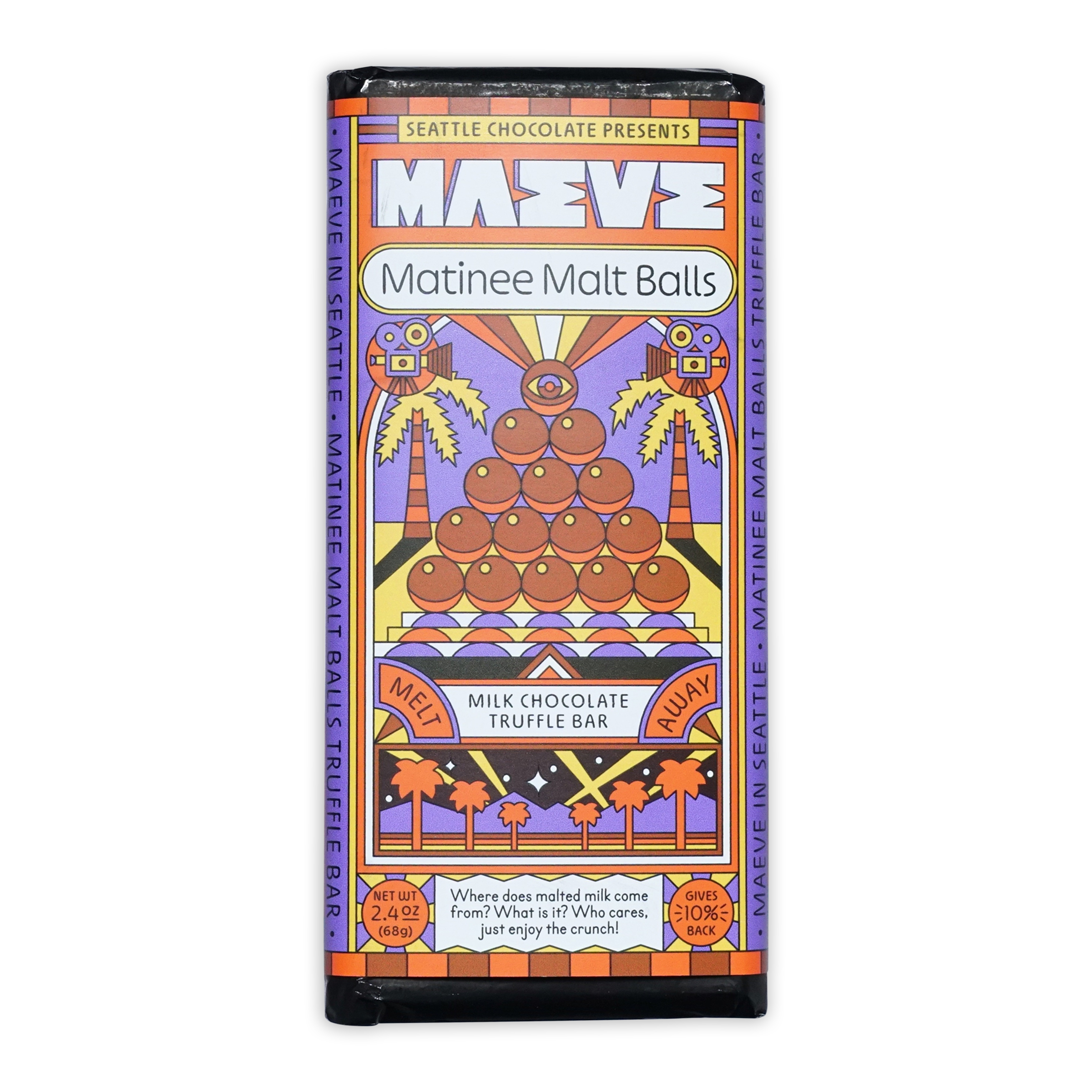 Maeve Matinee Malt Balls Truffle Bar with malt pyramid and palms