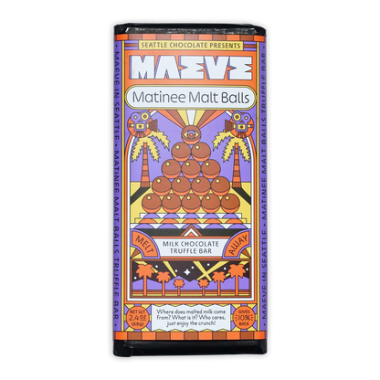 Maeve Matinee Malt Balls Truffle Bar with malt pyramid and palms