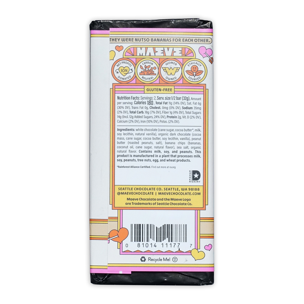 Back of Maeve Peanut Butter Banana Affair Truffle Bar with pink wrapper and playful banana flavor label