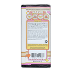 Back of Maeve Peanut Butter Banana Affair Truffle Bar with pink wrapper and playful banana flavor label