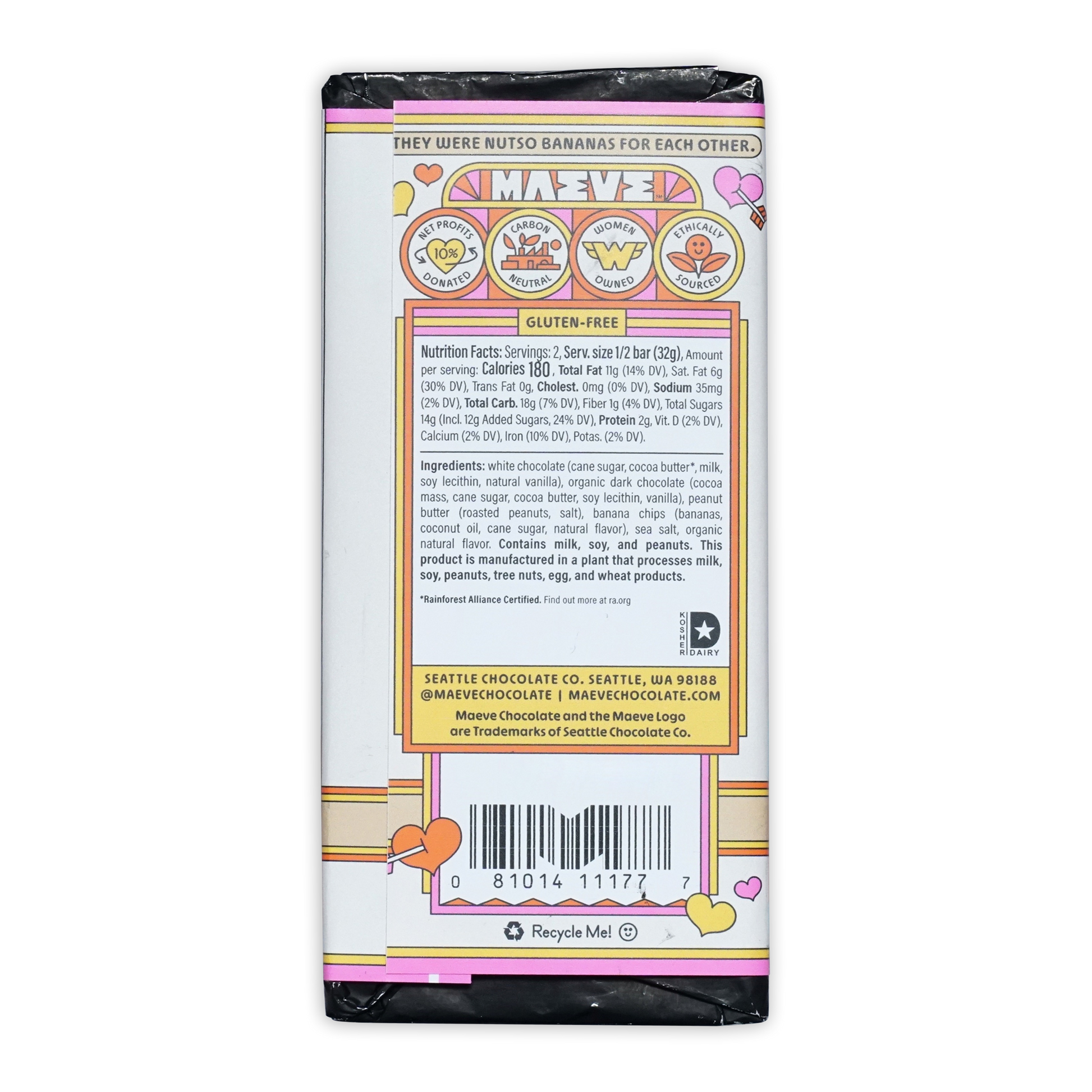 Back of Maeve Peanut Butter Banana Affair Truffle Bar with pink wrapper and playful banana flavor label