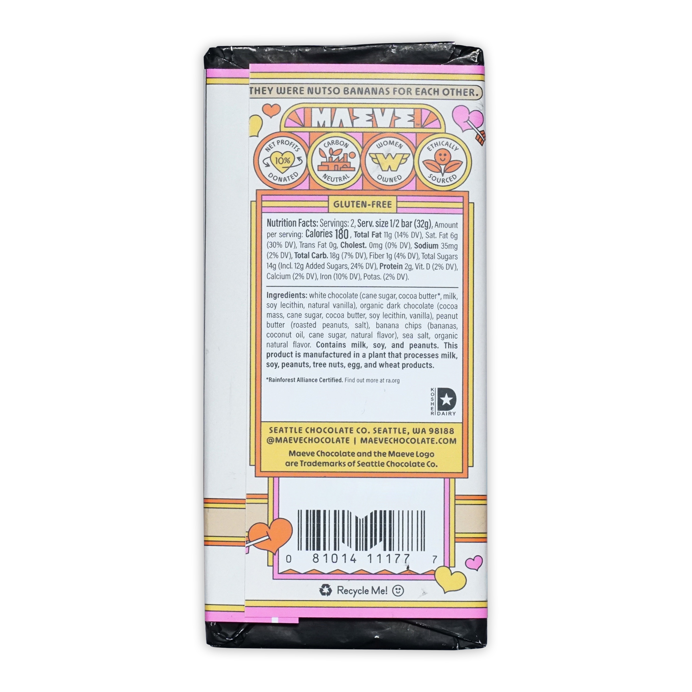 Back of Maeve Peanut Butter Banana Affair Truffle Bar with pink wrapper and playful banana flavor label