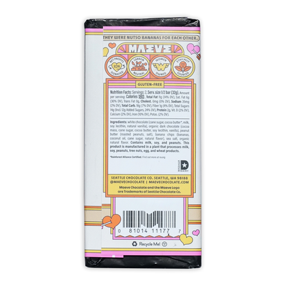Back of Maeve Peanut Butter Banana Affair Truffle Bar with pink wrapper and playful banana flavor label