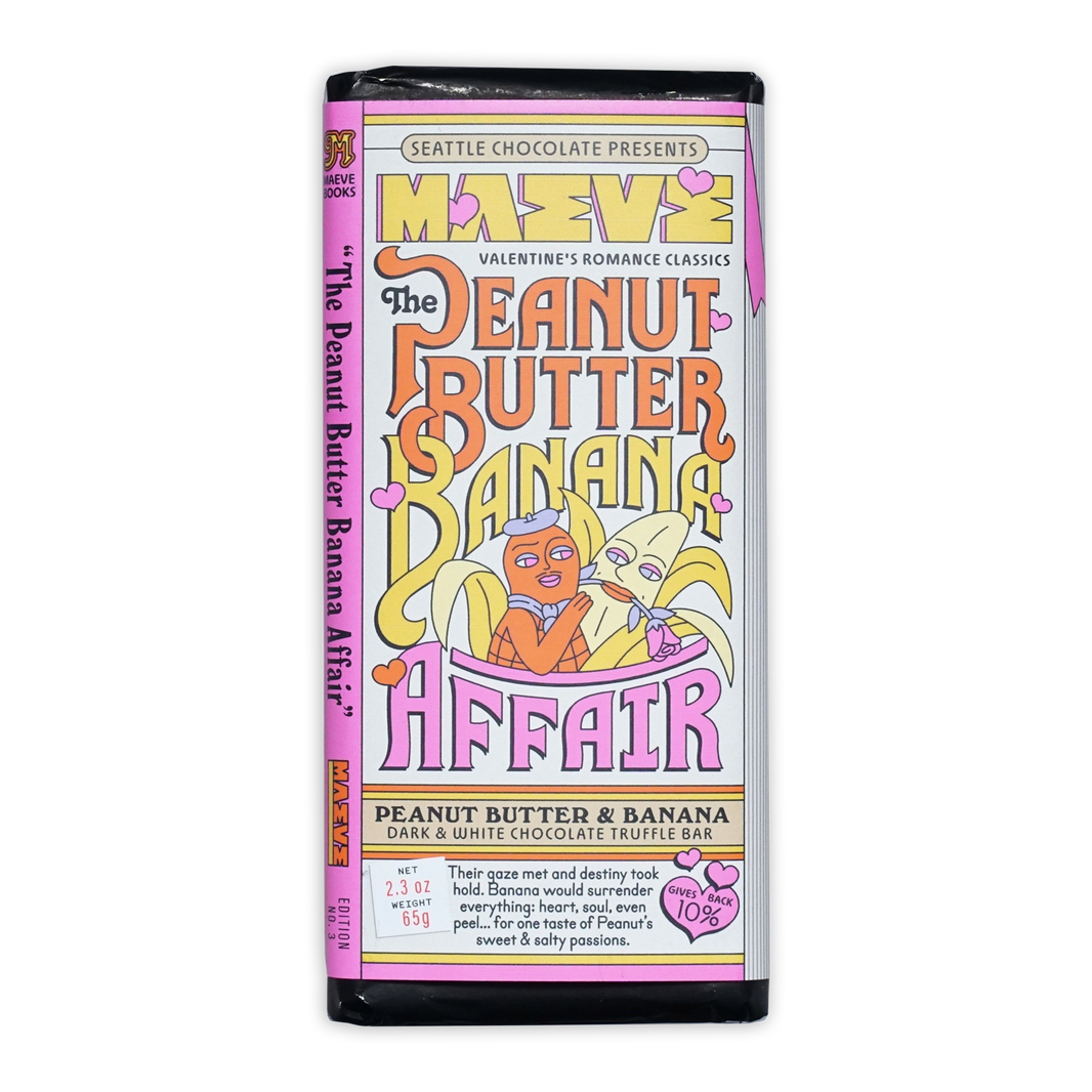 Maeve Peanut Butter Banana Affair truffle bar with pink wrapper and banana characters