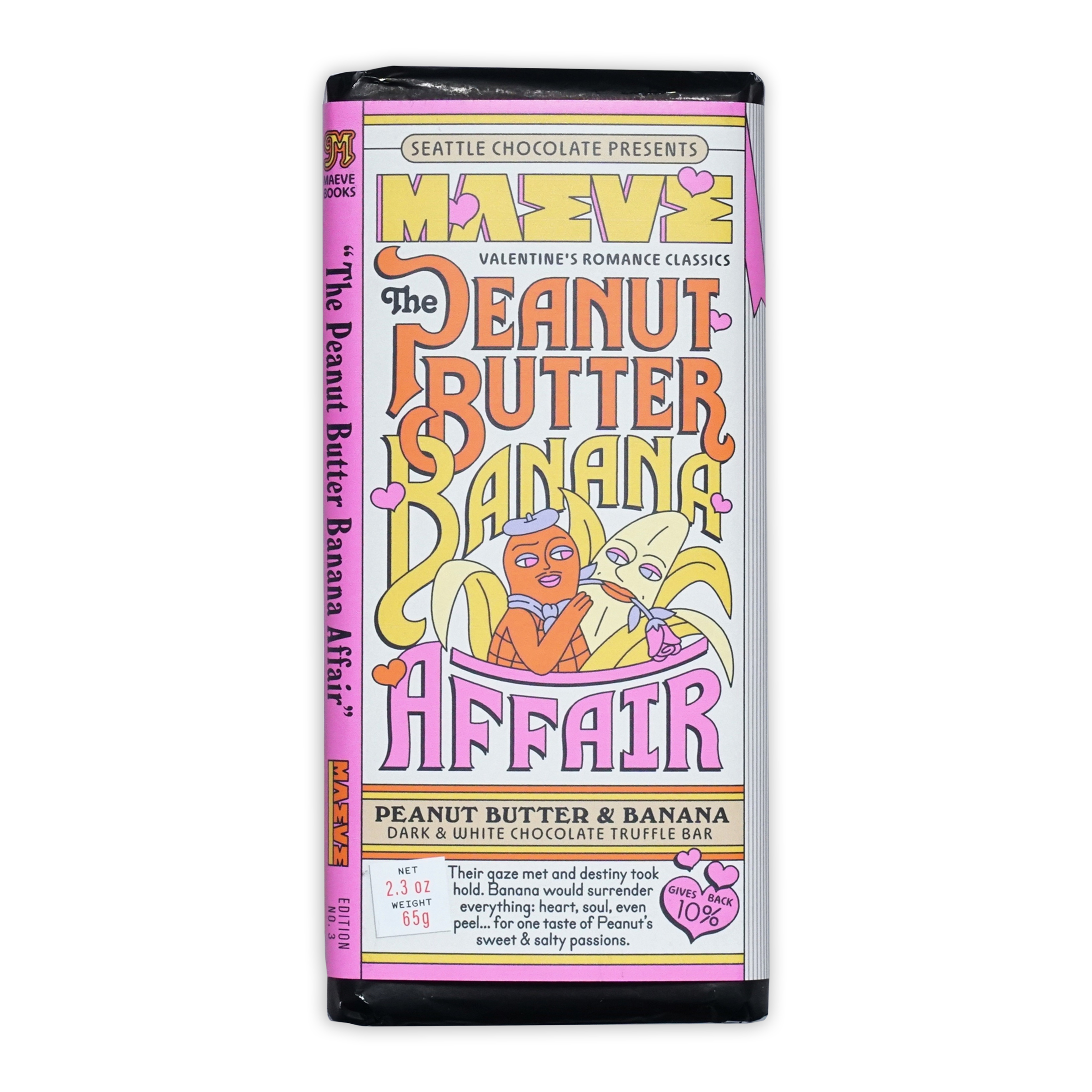 Maeve Peanut Butter Banana Affair truffle bar with pink wrapper and banana characters